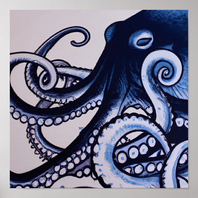Affiche Aquarelle de style japonais moderne bleu octopus (Devant)