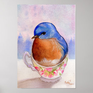Affiche Aquarelle de tasse de thé d'oiseau bleu