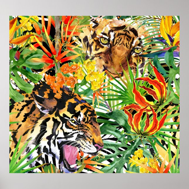Affiche Aquarelle de tigre tropical Motif de jungle (Devant)
