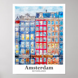 Affiche Aquarelle de voyage Amsterdam Pays-Bas tirée à la