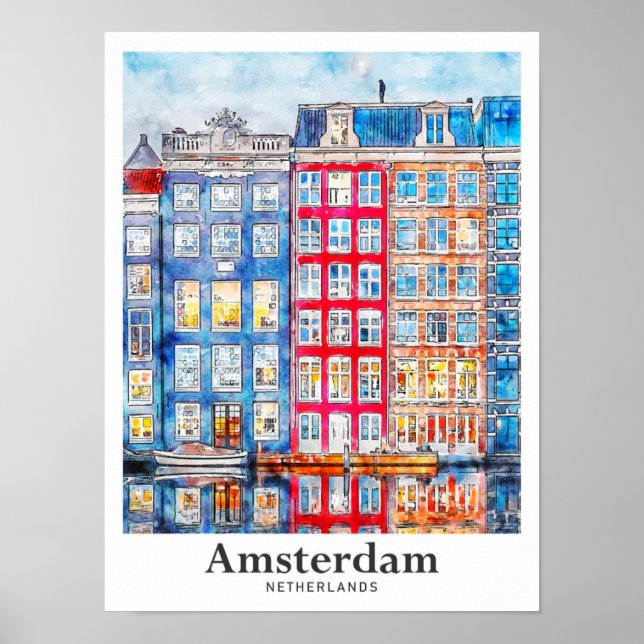 Affiche Aquarelle de voyage Amsterdam Pays-Bas tirée à la  (Devant)