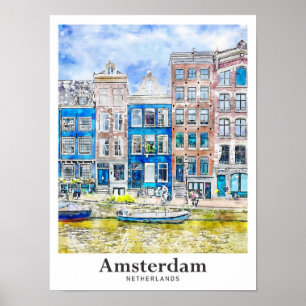 Affiche Aquarelle de voyage Amsterdam Pays-Bas tirée à la 