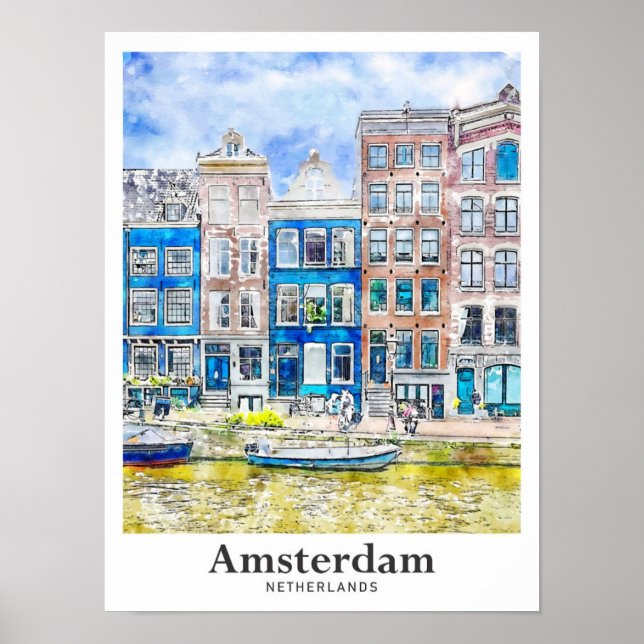 Affiche Aquarelle de voyage Amsterdam Pays-Bas tirée à la  (Devant)