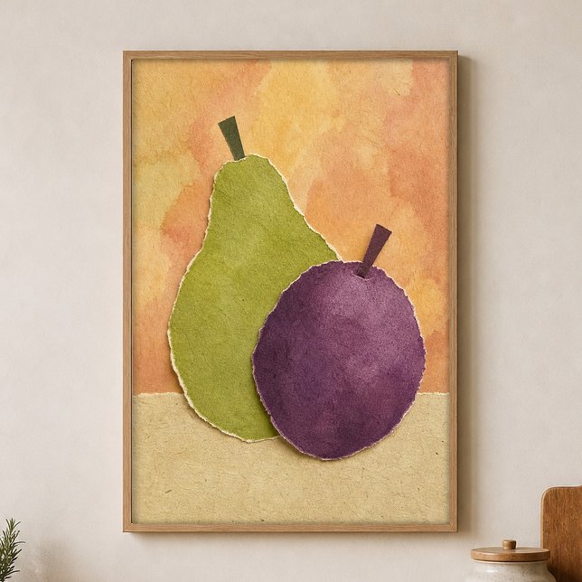 Affiche aquarelle découpes de poire et de prune (Shown framed for scale. Poster ships unframed; frames are an optional add-on.)