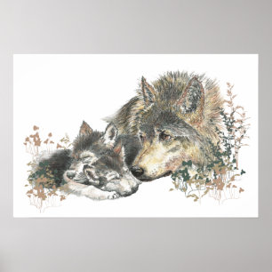 Affiche Aquarelle des animaux de bois Loup Maman Cubes