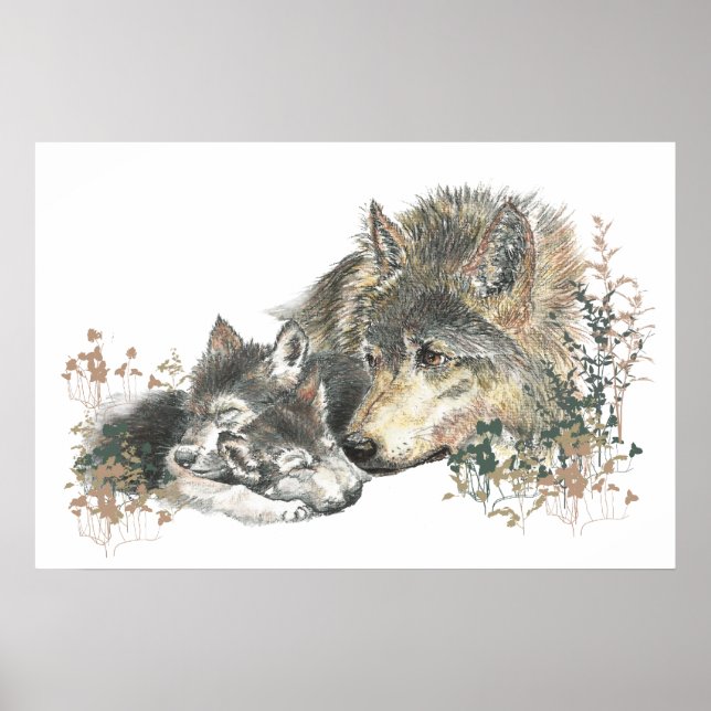 Affiche Aquarelle des animaux de bois Loup Maman Cubes (Devant)