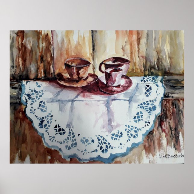 Affiche Aquarelle des tasses à thé, linge de dentelle. mur (Devant)
