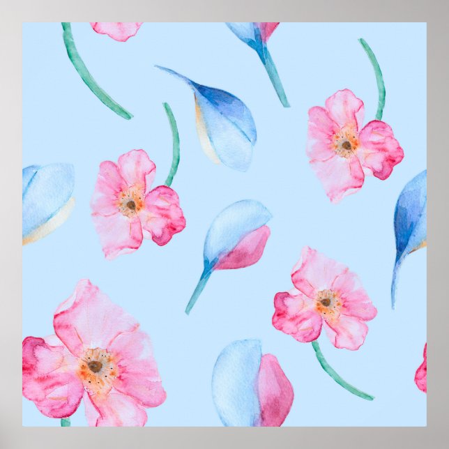 Affiche Aquarelle dessinée à la main avec motif rose (Devant)