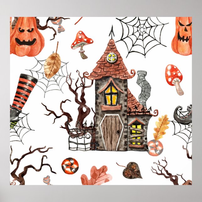 Affiche Aquarelle d'Halloween : Haunted House Motif. (Devant)