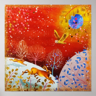 Affiche Aquarelle d'hiver Gold Woodland Rabbit Owl