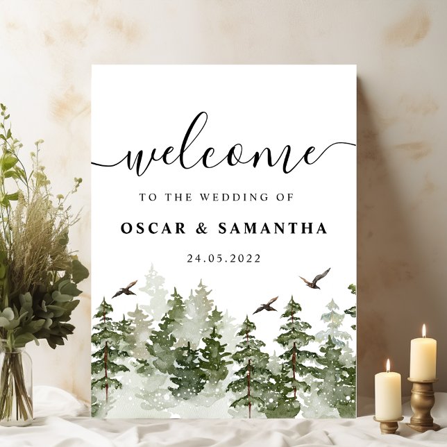 Affiche Aquarelle d'hiver moderne Forêt verte avec neige (Créateur téléchargé)