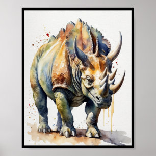 Affiche Aquarelle Dinosaure Tricératops Ceratopus