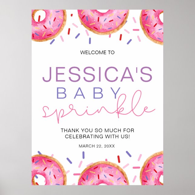 Affiche Aquarelle Donuts bébé fille aspersion douche (Devant)
