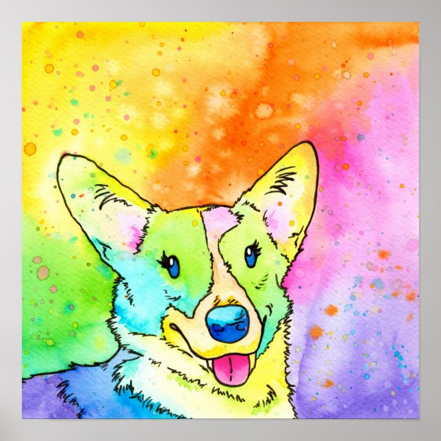 Affiche Aquarelle douce arc-en-ciel Corgi (Devant)