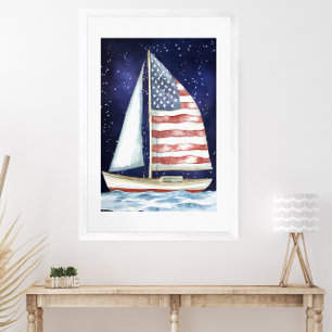 Affiche Aquarelle drapeau américain vole sous les étoiles