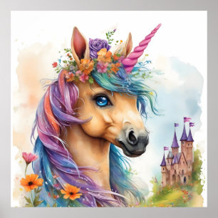 Affiche Aquarelle Dreamy Unicorn avec Château et Fleurs