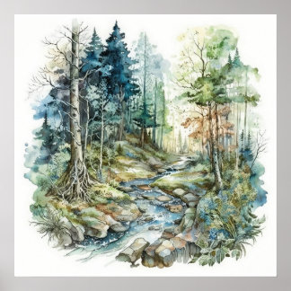 Affiche Aquarelle du cours d'eau de forêt pacifique