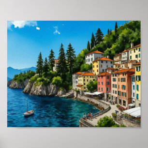 Affiche Aquarelle du lac de Côme Italie