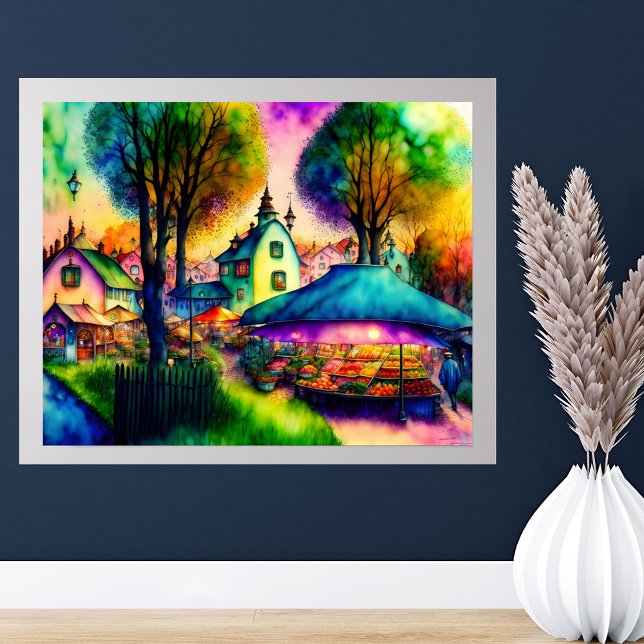 Affiche Aquarelle du marché des producteurs de Whimsical (20x16 shown with added gray border mat.)