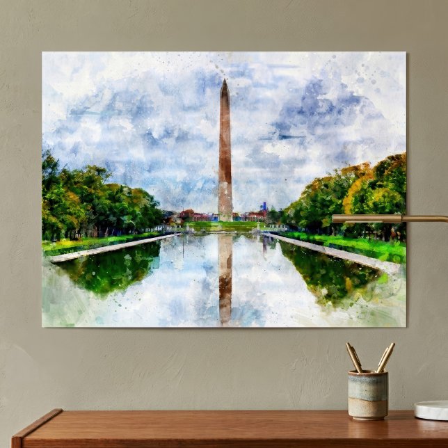 Affiche Aquarelle du monument Washington avec reflet (Washington Monument Watercolor with Reflection. Poster)