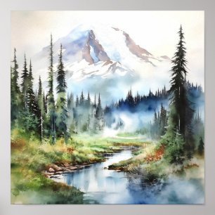 Affiche Aquarelle du parc national du Mont-Rainier