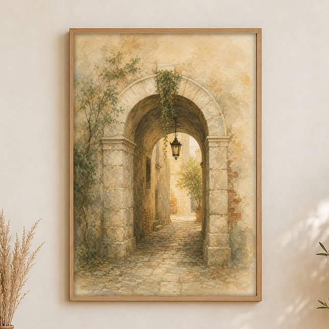 Affiche aquarelle du passage de la voûte en pierre (Shown framed for scale. Poster ships unframed; frames are an optional add-on.)