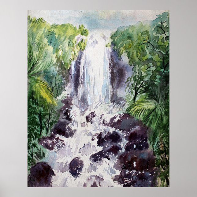 Affiche aquarelle du paysage de cascade sur papier (Devant)