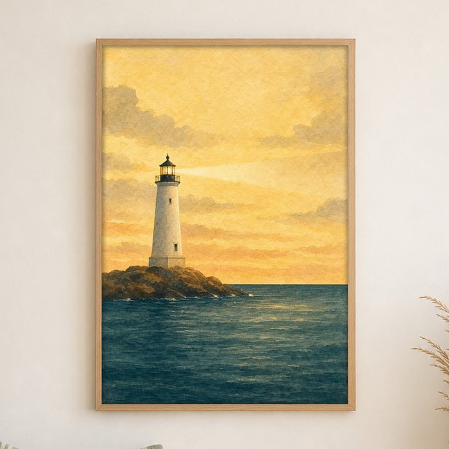 Affiche aquarelle du phare à première lumière (Shown framed for scale. Poster ships unframed; frames are an optional add-on.)