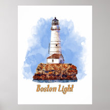 Aquarelle du phare de Boston - Massachusetts