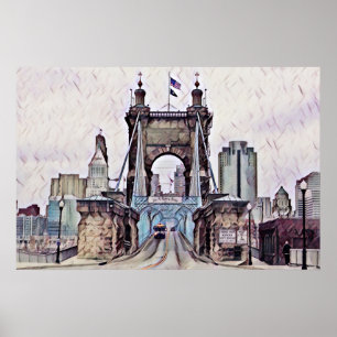 Affiche Aquarelle du pont suspendu Cincinnati Roebling