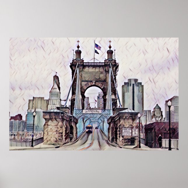 Affiche Aquarelle du pont suspendu Cincinnati Roebling (Devant)