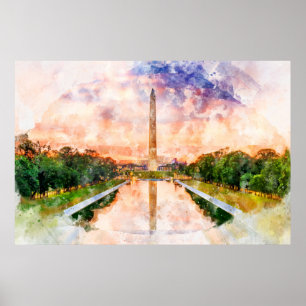 Affiche Aquarelle du Washington Monument au coucher du sol