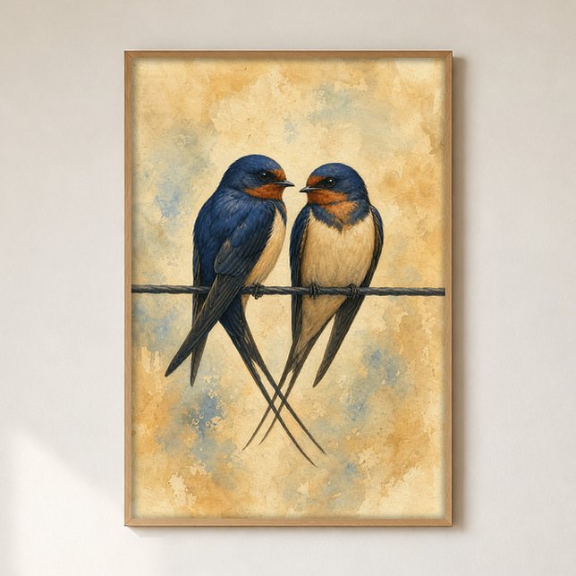 Affiche aquarelle d'un couple d'hirondelles sur un (Shown framed for scale. Poster ships unframed; frames are an optional add-on.)