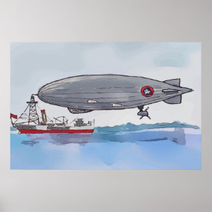 Affiche Aquarelle d'un dirigeable amarré à un bateau