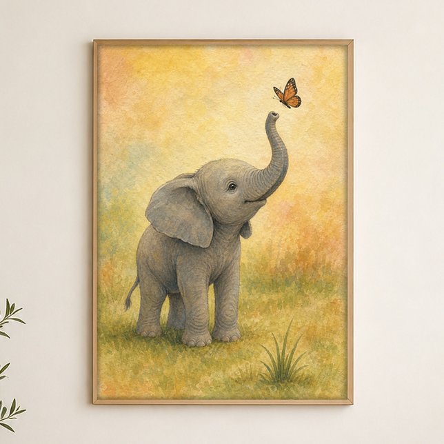 Affiche aquarelle d'un éléphant bébé avec papillon (Shown framed for scale. Poster ships unframed; frames are an optional add-on.)