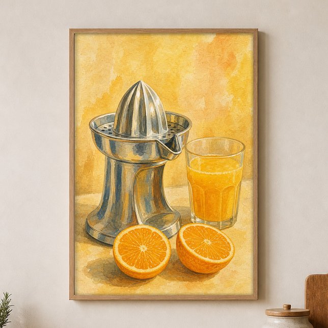 Affiche aquarelle d'un presse-fruit chrome et de d (Shown framed for scale. Poster ships unframed; frames are an optional add-on.)