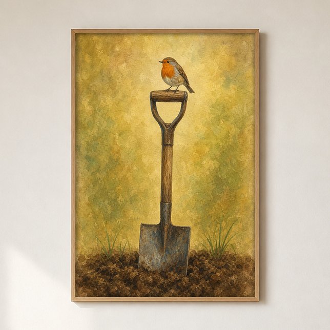 Affiche aquarelle d'un rouge-gorge sur une bêche d (Shown framed for scale. Poster ships unframed; frames are an optional add-on.)