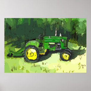 Affiche Aquarelle d'un tracteur vert, avec un gyrobroyeur