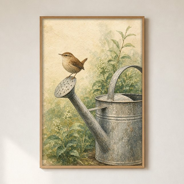 Affiche aquarelle d'un Troglodyte sur un Arrosoir (Shown framed for scale. Poster ships unframed; frames are an optional add-on.)