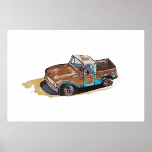 Affiche Aquarelle d'un vieux pick-up rouillé