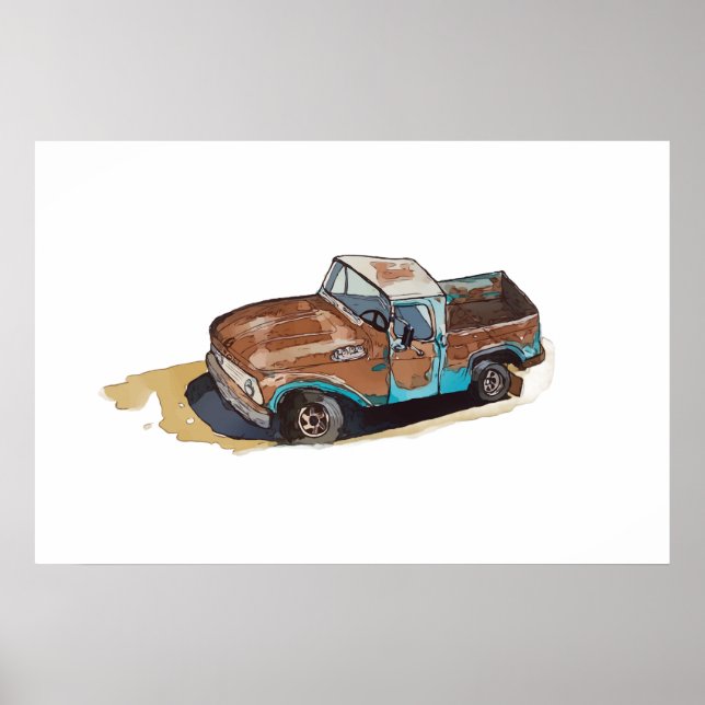Affiche Aquarelle d'un vieux pick-up rouillé (Devant)