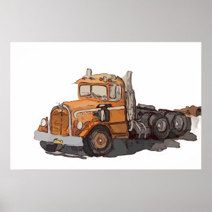 Affiche Aquarelle d'un vieux semi-remorque orange
