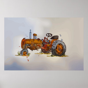 Affiche Aquarelle d'un vieux tracteur orange rouillé