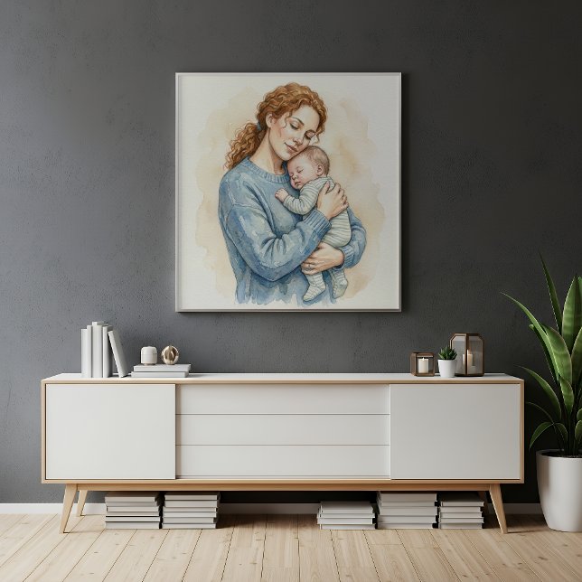 Affiche Aquarelle d'une mère tenant un bébé endormi (Créateur téléchargé)