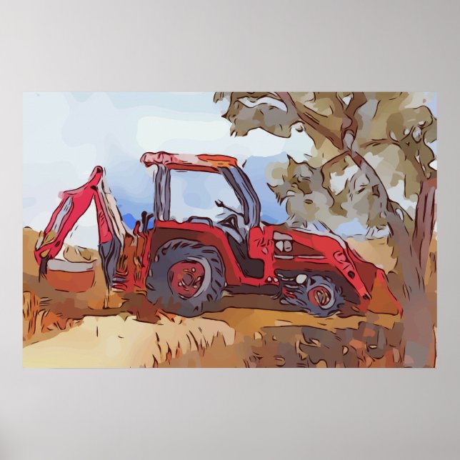 Affiche Aquarelle d'une rétrocaveuse de tracteur orange (Devant)