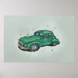 Affiche Aquarelle d'une vieille berline antique verte roui