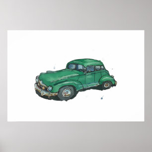 Affiche Aquarelle d'une vieille berline verte antique roui