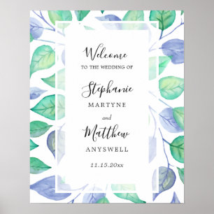 Affiche Aquarelle Dusty Bleu Vert Feuille Mariage de feuil