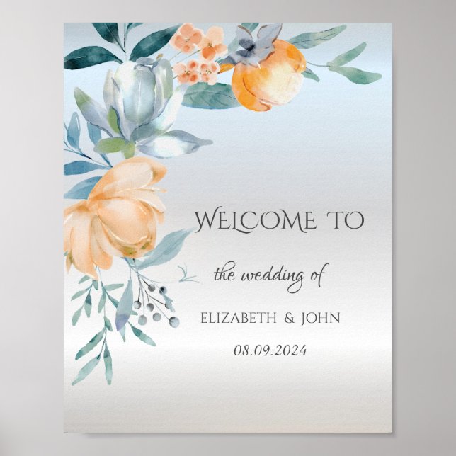 Affiche Aquarelle Dusty Blue Flowers Mariage argent (Devant)