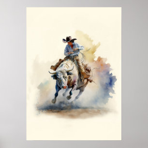 Affiche Aquarelle Dusty Western "Rodeo Bull Rider"
